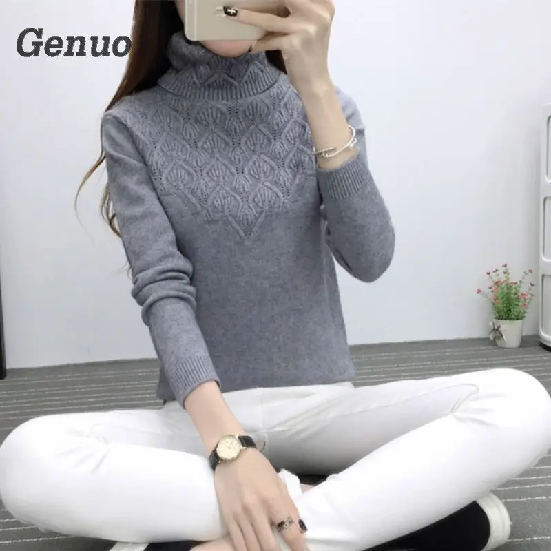 Genuo Sweaters And Pullovers For Women 2018 Autumn Winter Solid Turtleneck Knitwear Female Casual Elastic Loose Coat Femme