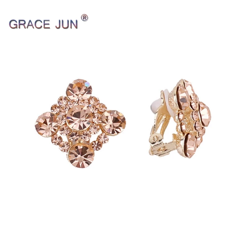 

GRACE JUN Rhinestone Cyrstal Geometric Shape Clip on Earrings No Pierced Ears for Women Party Weeding Bride Charm Jewelry Gift