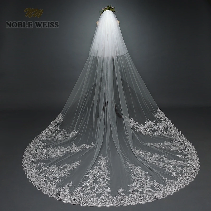 

NOBLE WEISS Long Two Layers hot wedding veil Cathedral bridal veils Customize Appliques Wedding Party Veil With Comb