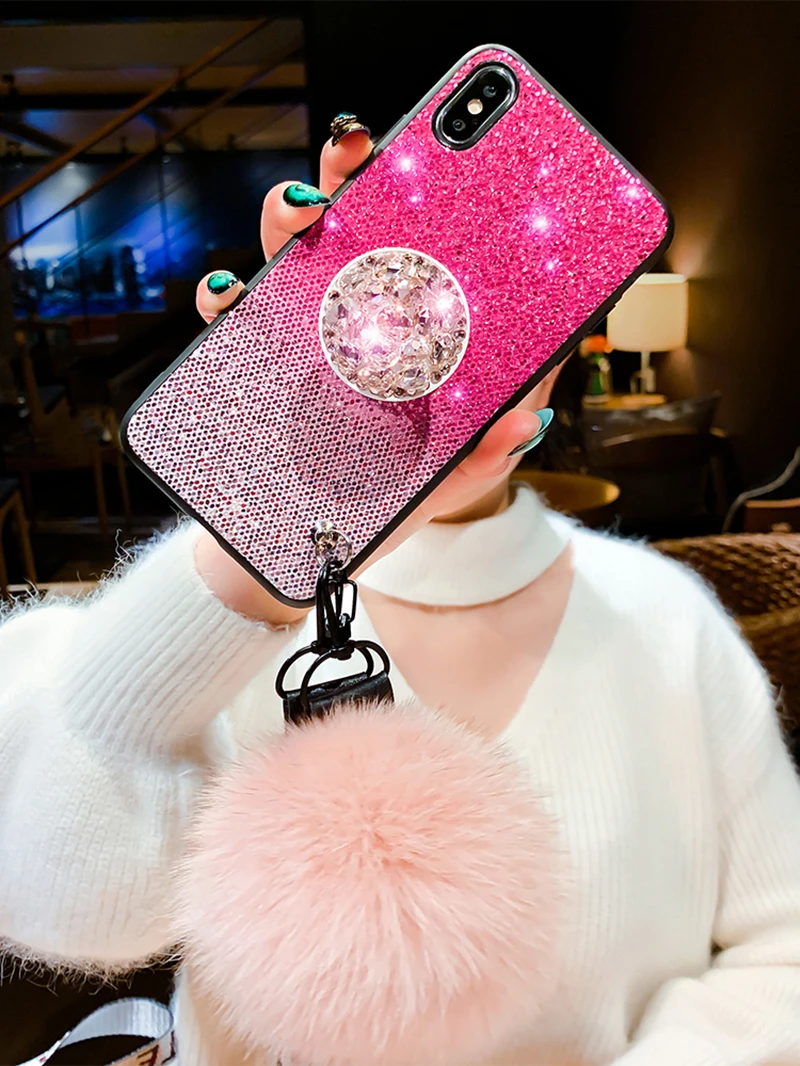 

Hot Pink gradient glitter cover for iphone XR X XS MAX 7 8 6 6S plus luxury diamond bracket hair ball glisten Sexy Girls coque