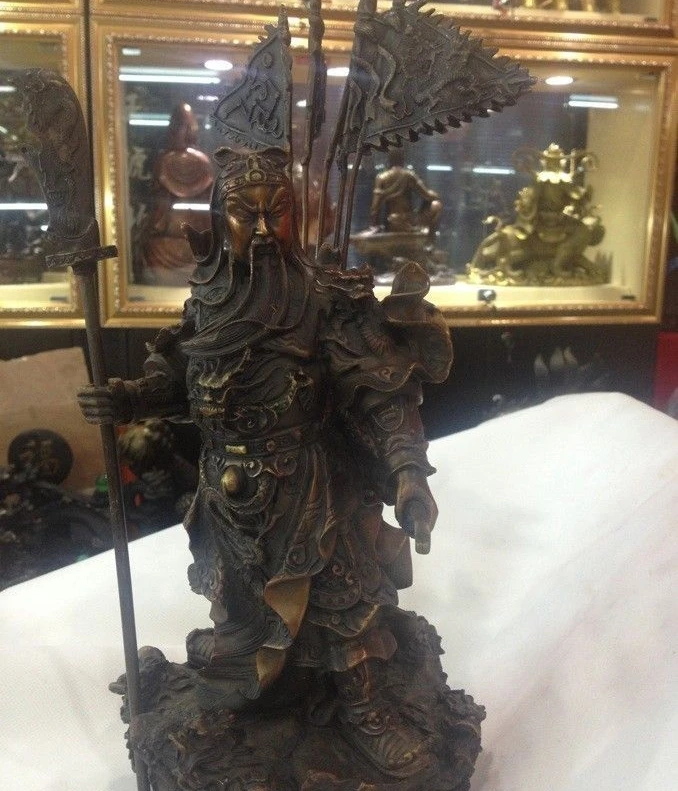 

8 Chinese Bronze Copper Nine Dragon Guan Gong Yu God 5 flags Hold Sword Statue