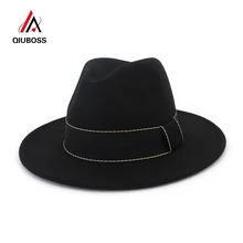 QIUBOSS широкими полями Для женщин Модный Топ Джаз Кепки унисекс тенденция Шерсть Fedora Шапки вводной черная фетровая шляпа Трилби для мужской женский QB06