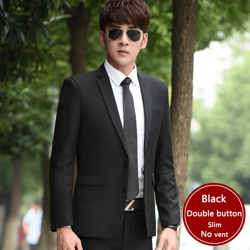 Fashion black formal top suit jacket slim fit men two button no vent