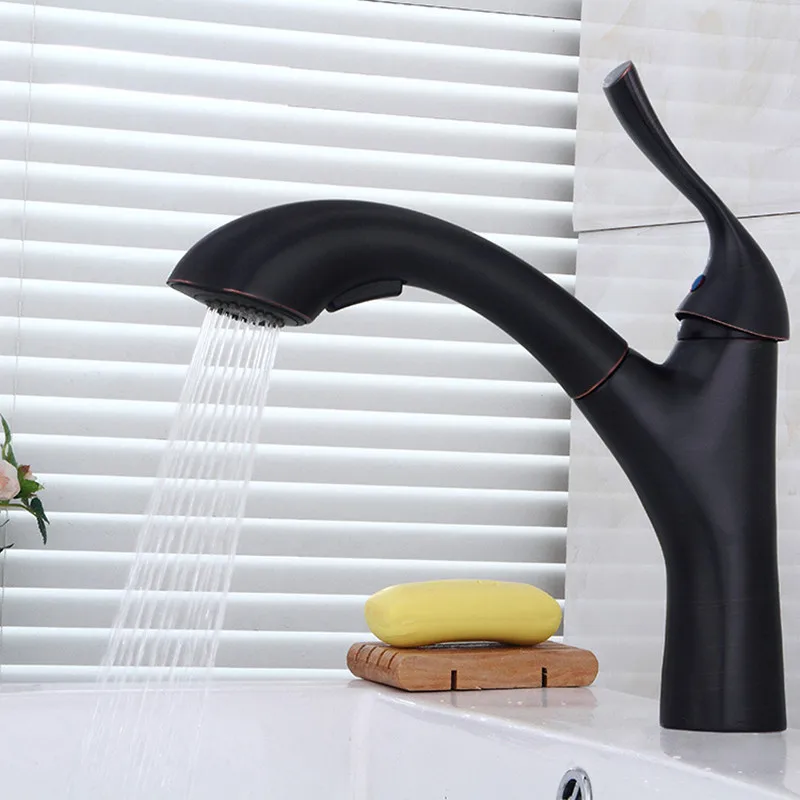 

European Antique Kitchen Faucets Black/golden Basin Faucets Single Handle Single Hole Bathroom Mixer Hot Cold Sink Poll Out
