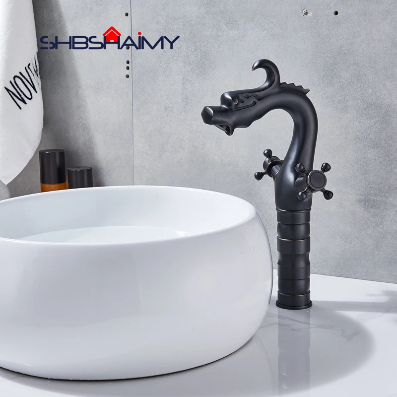 

Oil Rubbed Bronze Dual Handle Chinese Dragon Bathroom Basin Faucet Deck Mounted Dual Handle Mixer Tap