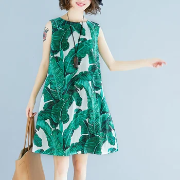 

Women Loose Cotton Linen Dress Vintage print O Neck sleeveless Summer Dresses Korean version elegant Plus Size Dress