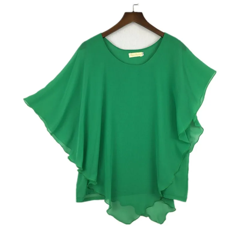 Plus Size - 16 Color Plus Size Ladies Chiffon Blouses Batwing Sleeve Tops Shirts Women Asymmetric Shirts (Us 6-24W)