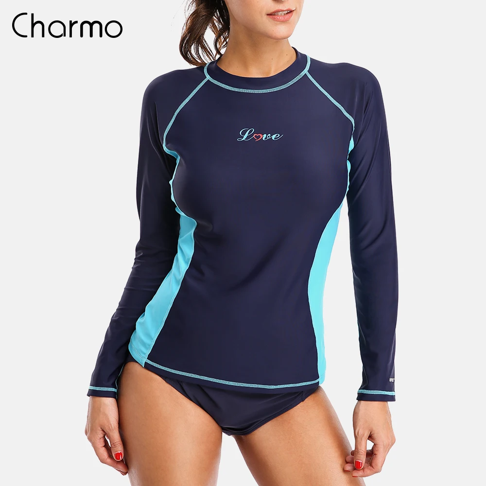 Charmo النساء طفح الحرس ملابس طويلة كم Rashguard السباحة قمصان تصفح أعلى ملابس السباحة تشغيل قميص المشي Rashguard UPF 50 +