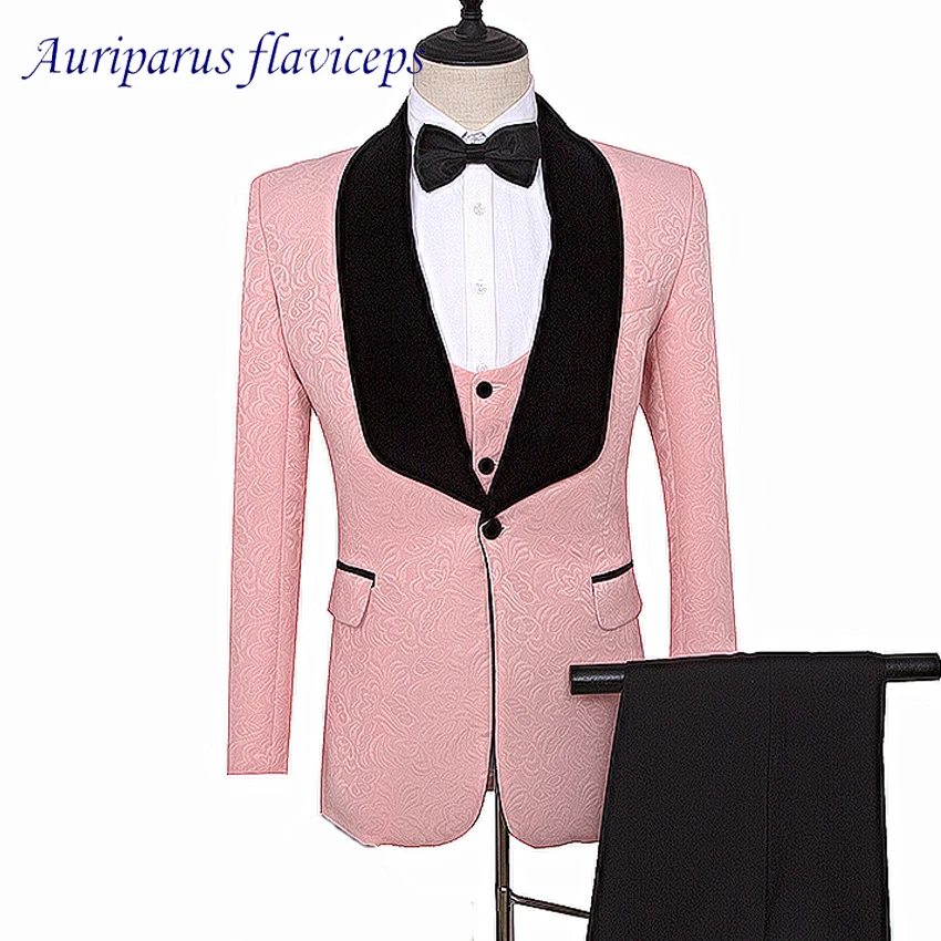 

2019 Pink Men Suits With Black Velet Lapel Tailored Terno Wedding Suit Groom Tuxedos 3 Suit Custom Made (Jacket+pants+vest)