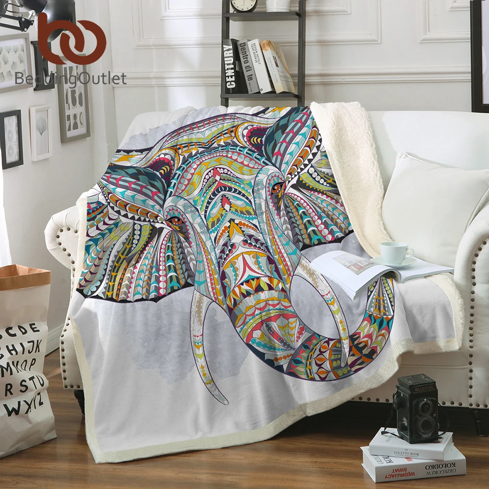 

BeddingOutlet 3D Elephant Sherpa Throw Blanket Bohemia Stripes Bedclothes Colorful Printed Indian Bed Blankets Sofa Cover
