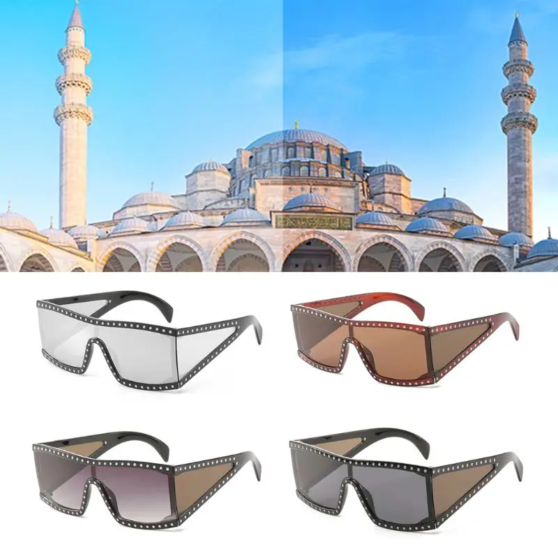 New Flat Top Sunglasses One-piece Fashion Rhinestone Decoration Frame Personality Driving Outdoor UV400 Brand Designer Women Men