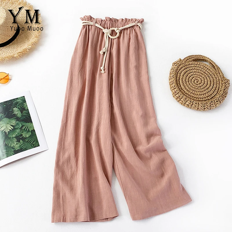 

YuooMuoo Pink Linen Pants 2019 Comfy Fitness Elastic Waist Summer Pants Women High Waist Wide Leg Trousers Casual Sashes Pants