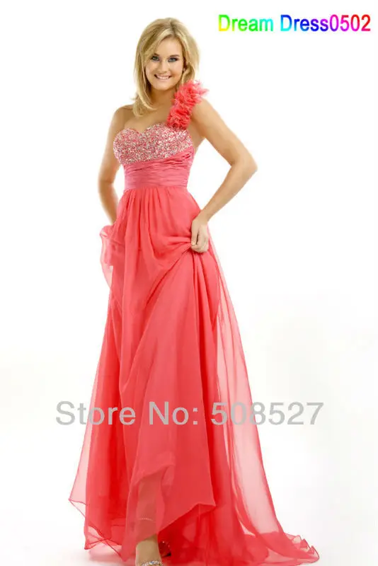 2016 New Custom Made Peach Satin Chiffon Pleat Beading Sequined Crystal