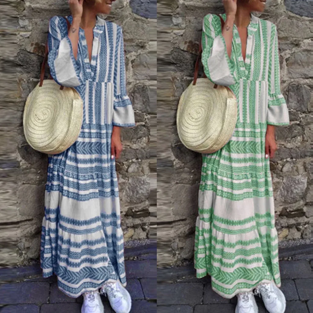 

Women fashion Summer Dresses Women's Plus Size Summer V-Neck Printed Holiday Long Flare Sleeve Maxi Dress vestidos femininos