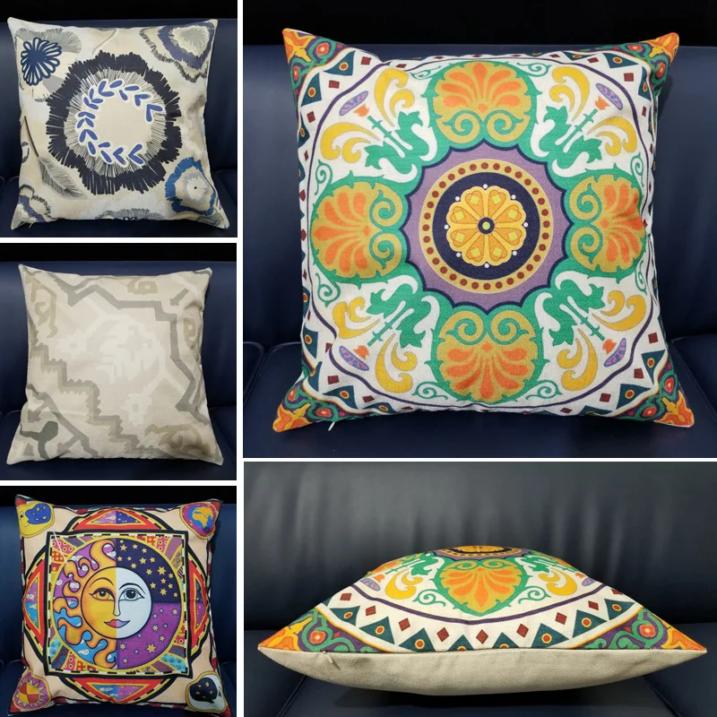 

Home Decorative Colorful Sun Moon Pillow Cover Cotton Linen Gray Geometric Abstract Pattern Retro Cushion Cover Sofa Pillow Case