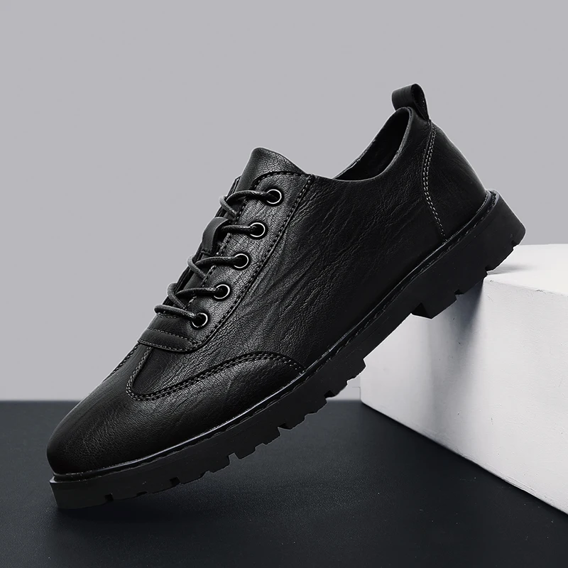 

2019 Leather Men Shoes outdoor Shallow lace up Formal Shoes Solid Man fashion dress Business Dress Shoes Male Loafers shoes L5