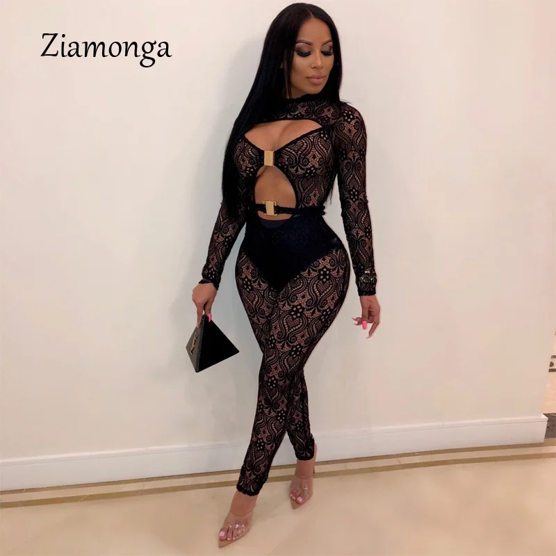

Ziamonga Hollow Out Lace Elegant Jumpsuit Fashion Slim Bodycon Long Pants Jumpsuit Bandage Combinaison Femme 2019 Sexy Jumpsuit