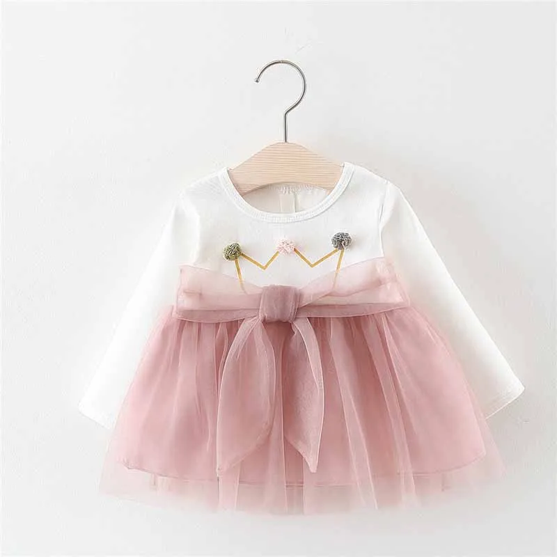 

Children Spring Autumn Girls Dress Cute Casual Cotton Mesh Crown Print Bottoming Long-Sleeved Sweet Dress