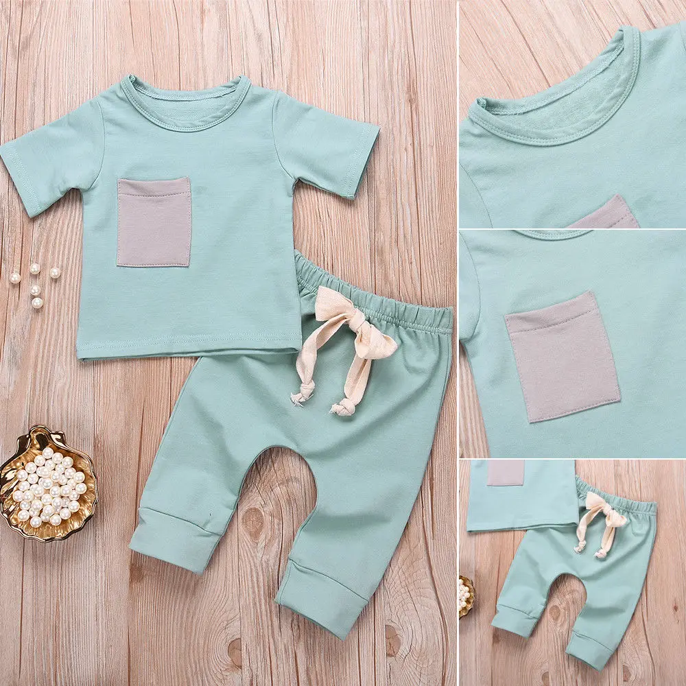 

2018 Casual Newborn Infant Kids Baby Boy Girl Light Green O Neck Tops T-shirt+Long Pants Outfits Clothes Sets