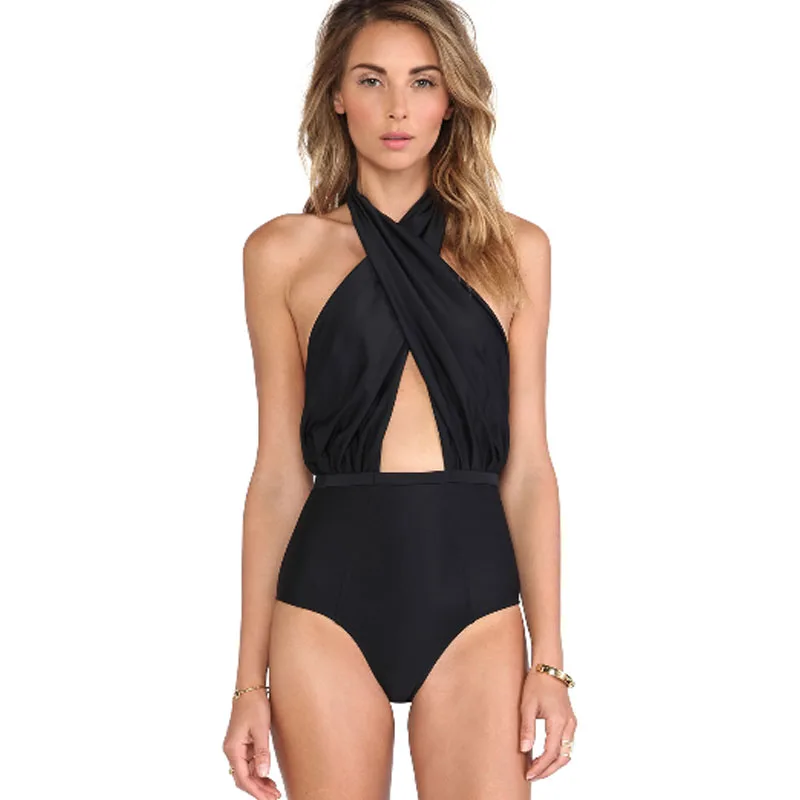 18.0US $ |One piece Bathing suit Monokini Black White Sexy cross Halter Nec...