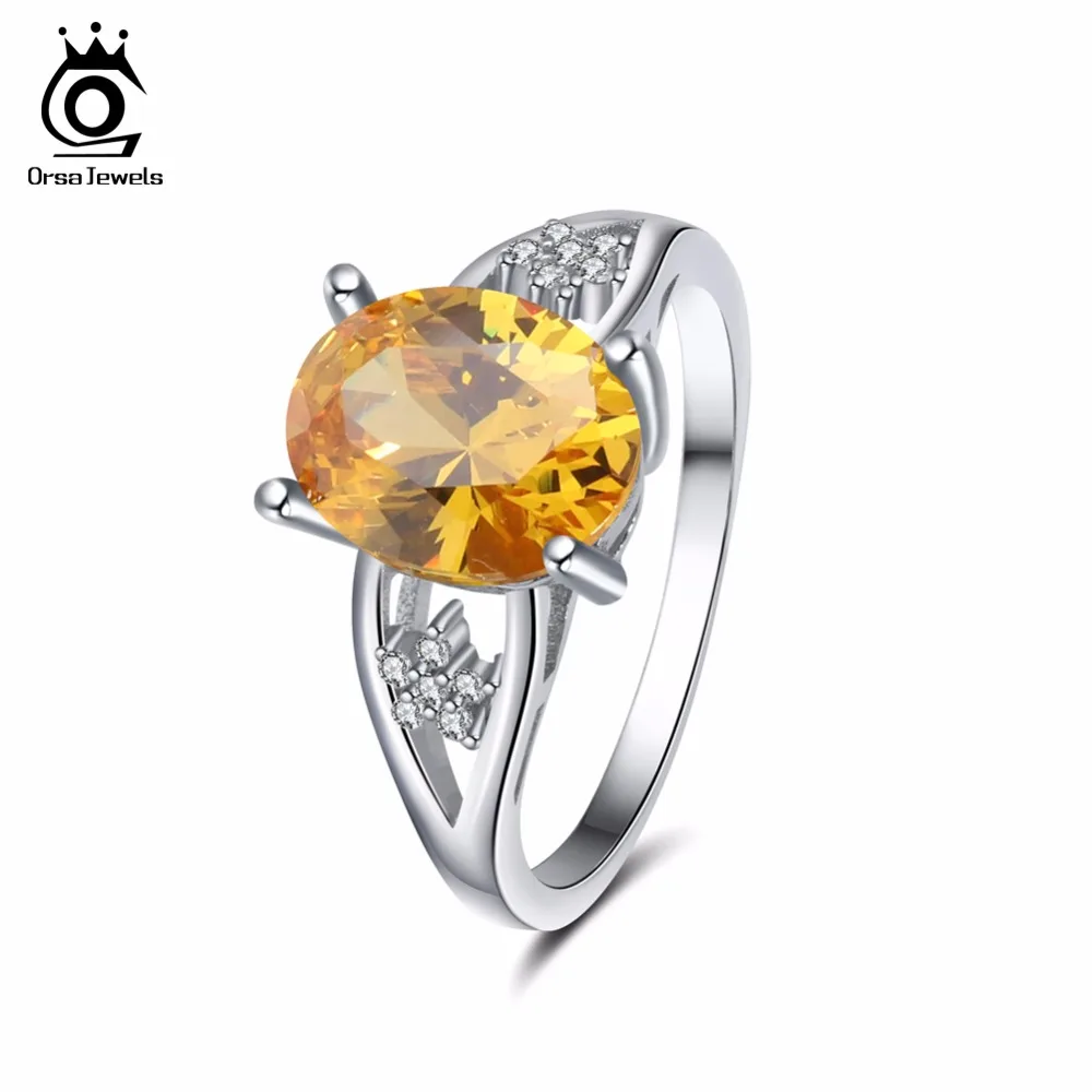 ORSA JEWELS Female Wedding Band Prong Setting AAA Yellow Cubic Zircon Women Rings Engagement Finger Ring Fashion Jewelry AOR56
