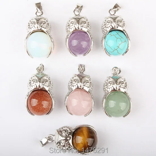 

Charming 16MM Mix-Color Stone Tiger Eye Opal Green Howlite Stone Rose Pink Quartz Round Bead Alloy Owl Pendant 1PCS