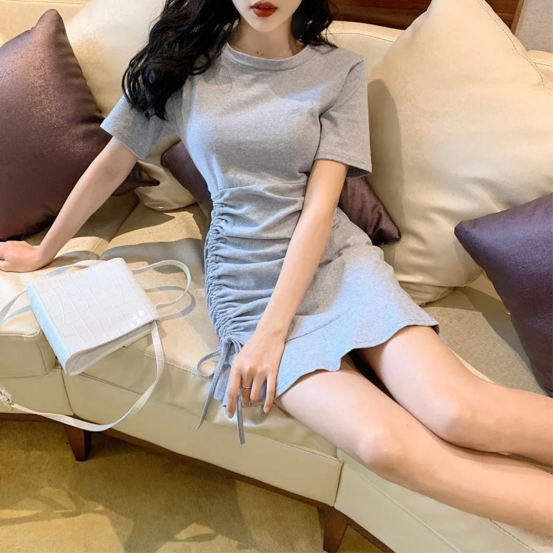 

2019 Summer Women's Ruffled O Neck Dress Short Sleeve Drawstring Slim Solid Casual Ruffles Asymmetrical Dresses Fashion