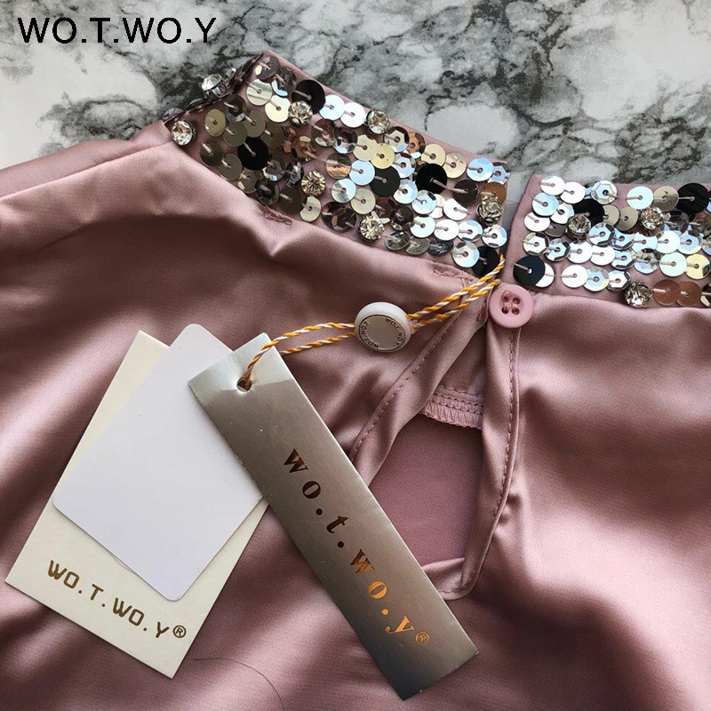 WOTWOY Sequins O-Neck Elegant Office Blouses Women Tops Long Sleeve Blouse Shirt Women Pink Chiffon Blouse 2018 Blusa Feminina