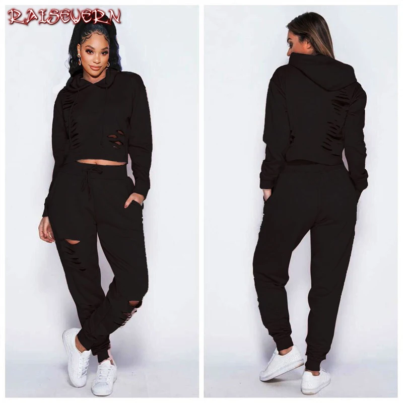 

RAISEVERN Women Sets Hole Crop Hoodies Women Top Sweatshirt+Long Pants 2 Pieces Sets Women Pullovers Suits Fashion Streetwear