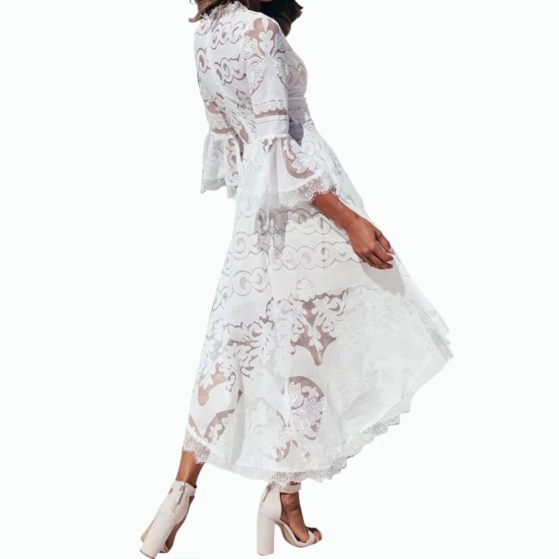 

Vacation Irregular White Lace Dress Women V-Neck Trumpet Flare Sleeve Beach Sundress Female Sexy Boho Mini Party Dresses M0103