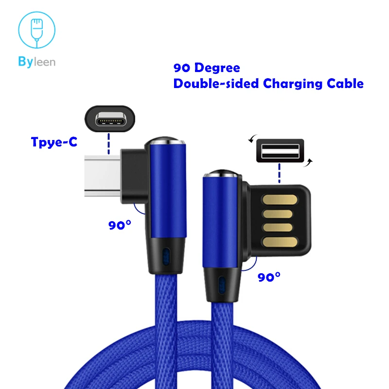 Byleen USB C линия 3 1 Быстрая зарядка 90 градусов L Тип шнур для передачи данных зарядное
