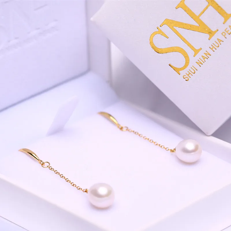 SNH 8mm drop 100% real natural pearl earrings for womenwhite freshwater pearl earrings jewelry wedding birthday gift Fine Jewelry