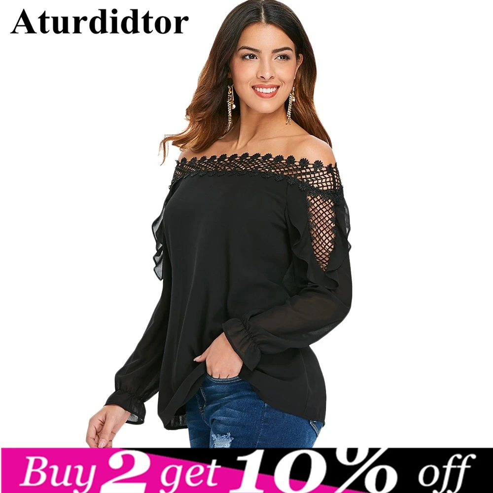

Chiffon Lace Mesh Womens Shirt Blouse Openwork Sexy Off Shoulder Long Sleeve Slash Neck Black Transparent Female 2019 Casual Top