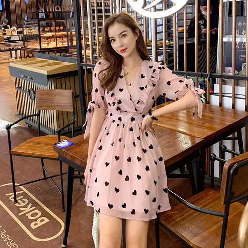 Летнее платье для вечеринки, женское Новое корейское платье с v-образным вырезом, милое и тонкое шифоновое мини-платье vestidos robe femme - Цвет: Розовый