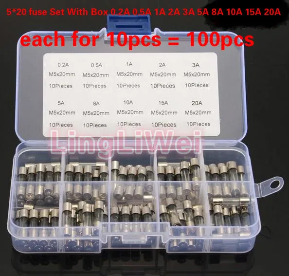 

100pcs/box 5x20mm Electrical Assorted Fuse Amp Fast-blow Glass Fuse Mix Set With Box 0.2A 0.5A 1A 2A 3A 5A 8A 10A 15A 20A