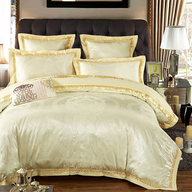 Waliicorners Gold Silver Beige Luxury Silk Jacquard Bedding set Queen King size Duvet cover set Embroidery Bed sheet Linen set Pillowcases 9 9