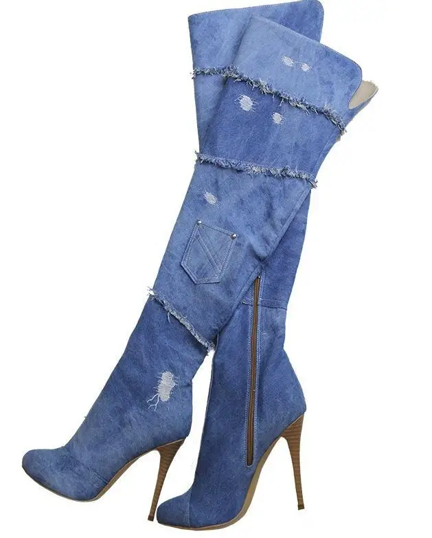 

Fashion Denim Long Boots Peep Toe Summer Cool Female High Heel Boot Over-the-Knee Thin Heels Shoes Platform Ladies Sandals