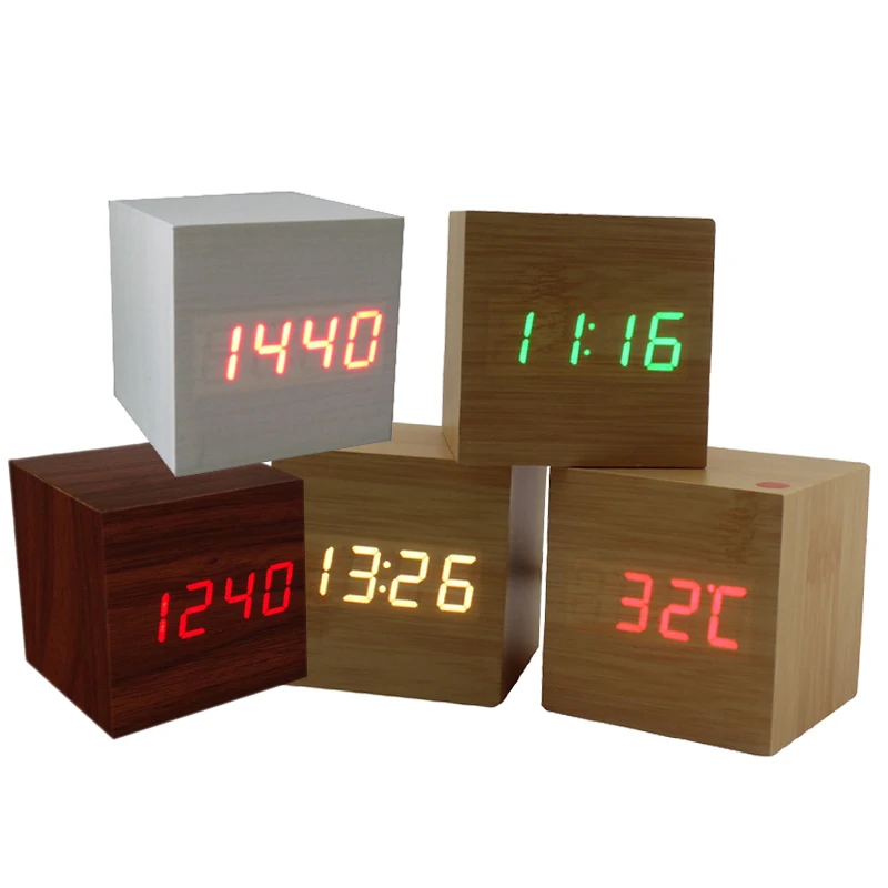 

New Cube LED Digital Alarm Clock Night light Square Modern Sound Control Wood Clock Display Temperature USB/AAA Powered 10 Color