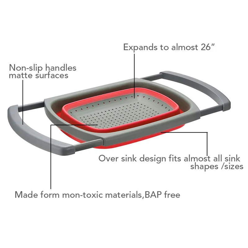 Складная корзина для мытья фруктов и овощей, кухонный дуршлаг, складная раковина, Регулируемый силиконовый фильтр, гаджет для домашнего слива