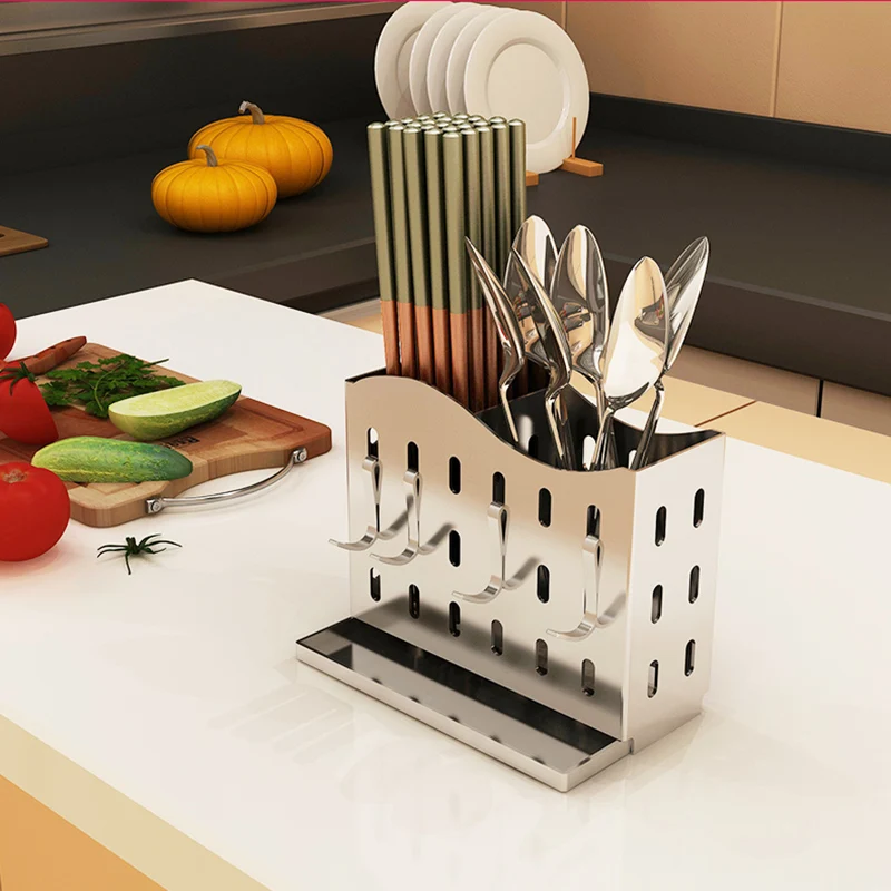 304 stainless steel drain chopsticks tube hanging multi-function spoon fork cage punch-free knife rack household shelves 304 stainless steel drain chopsticks tube hanging multi-function spoon fork cage punch-free knife rack household shelves
