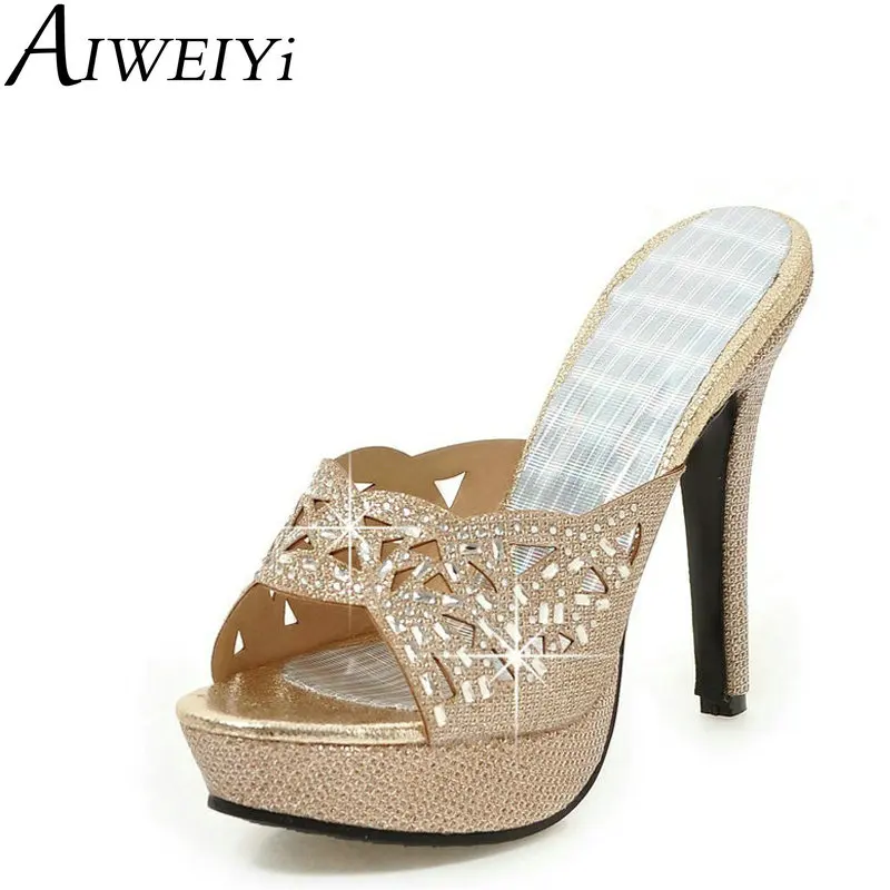 

AIWEIYi Shoes Woman Gold Silver Rhinestone High Heel Slippers Gladiator Platform Sandals Woman Flip Flops Casual Slides Slippers