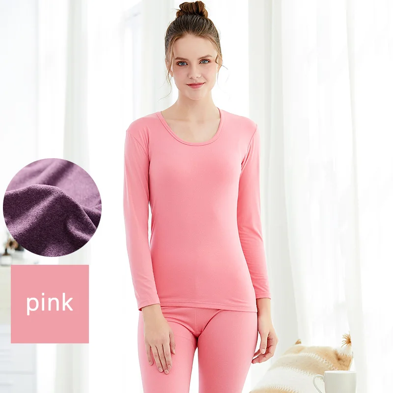 Женский зимний теплый комплект термобелья для женщин, однотонная простая эластичная Женская одежда для сна, Термоодежда на весну и осень, 1 комплект - Цвет: Pink