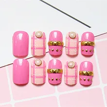 Shiny Fake Nails Rose Pink Acrylic False Nails Dotted Line 3D Rivet Beads Finger Makeup Manicure Tools Z023