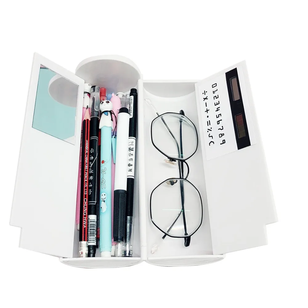

1 Piece Multi-functional Stationery Holder With Mirror Solar Calculator Note Board Pencil Pen School Supplies Holder Case