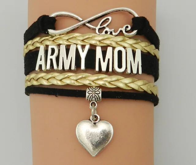 Infinity Love Black With Gold Leather Braided Army Mom Bracelet Infinity Love Black With Gold Leather Braided Army Mom Bracelet Heart Charm Career Business