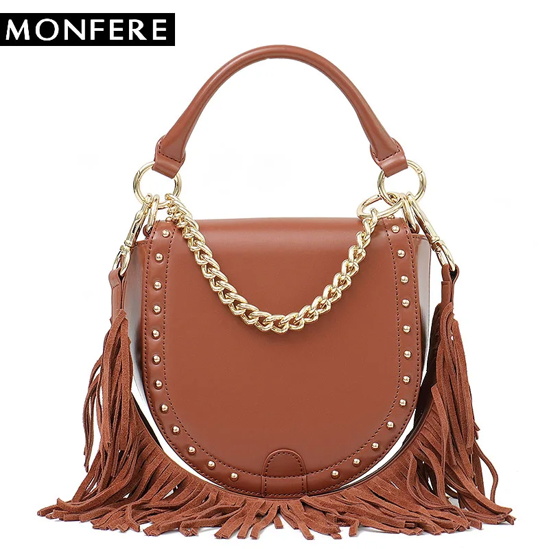 MONFERE Brand Designer Vintage Genuine Leather Women Saddle Bags Female Small Shoulder Tassel Cowhide Flap Chain Round Handbags MONFERE Brand Designer Vintage Genuine Leather Women Saddle Bags Female Small Shoulder Tassel Cowhide Flap Chain Round Handbags