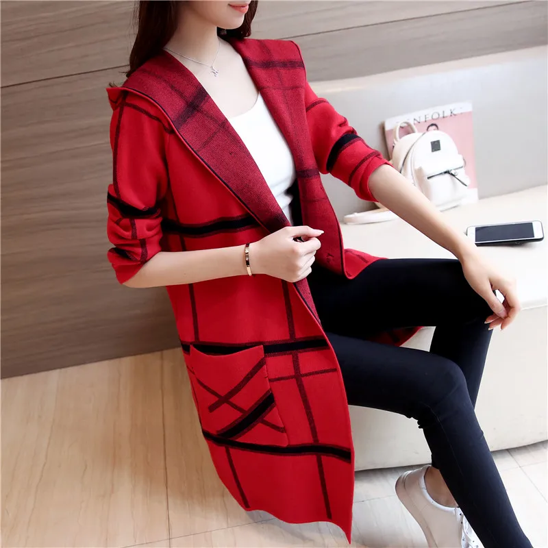 Осень корейский стиль Свободный Длинный свитер зимний женский свитер длинный рукав клетчатый кардиган свитер - Цвет: Red
