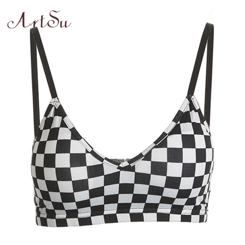 

ArtSu Black White Plaid Crop Top Bustier Casual Sexy Off Shoulder Workout Cami Clothing Camiseta Tirantes Mujer ASVE20225