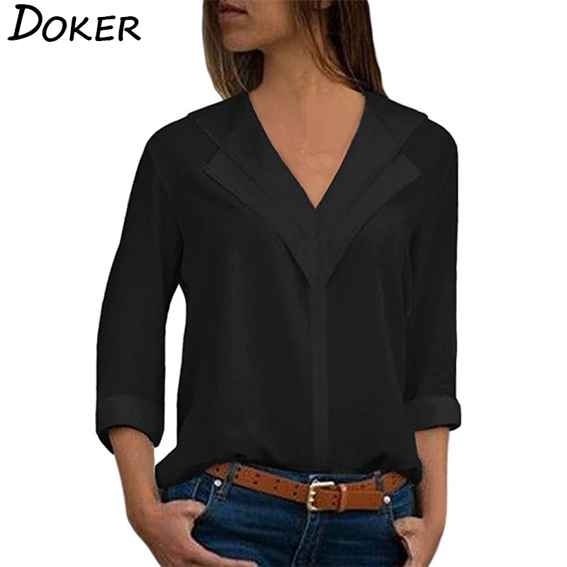 

Women Chiffon Blouse V-neck Long Sleeve Blouses Shirts Casual Tops Elegant Work Wear Shirt Plus Size Blusas Mujer De Moda 2019