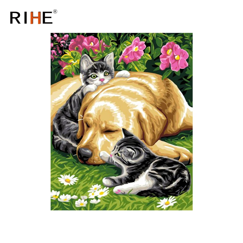

RIHE Dog With Cat Diy Painting By Numbers Animal Flower Oil Painting On Canvas Hand Painted Cuadros Decoracion Acrylic Paint